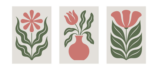 Set of three abstract floral illustrations with a minimalist aesthetic and muted color palette © SaymaHossan