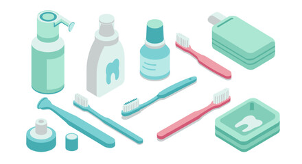 Obraz premium Isometric bathroom essentials: toothbrushes and toiletries in refreshing pastels