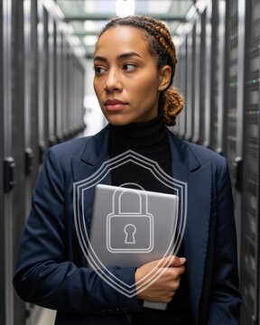 Black Businesswoman with Laptop in Server Room &mdash; Cybersecurity Header