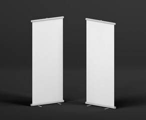 Mockup RollUp. Ready to use. 3D exhibition booth. White empty promotional. isolated on background 