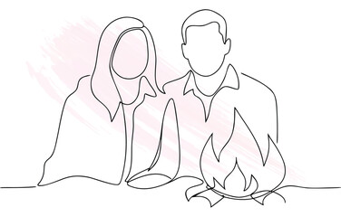 Continous line drawing a couple near a campfire with  brush strokes Single line woman