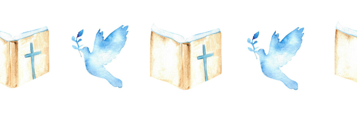 Watercolor Christian border.Watercolor hand-drawn border.