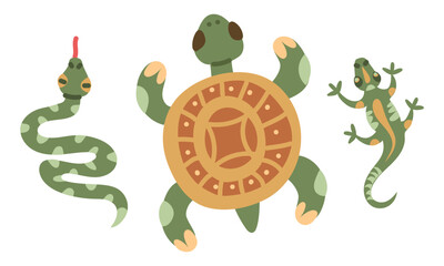 A set of green desert animals. A winding snake, a large-shelled turtle, and a lizard. A flat, colorful illustration. Suitable for cultural, educational, or decorative projects.