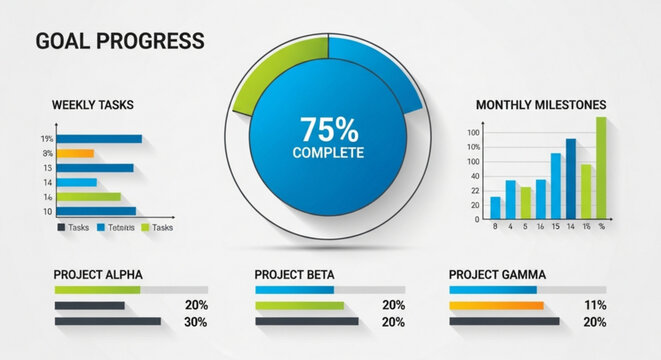 Goal progress dashboard showcasing project status with weekly tasks, monthly milestones, and project alpha, beta, and gamma completion rates