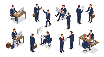 Isometric business meeting and office scenes with professionals in suits