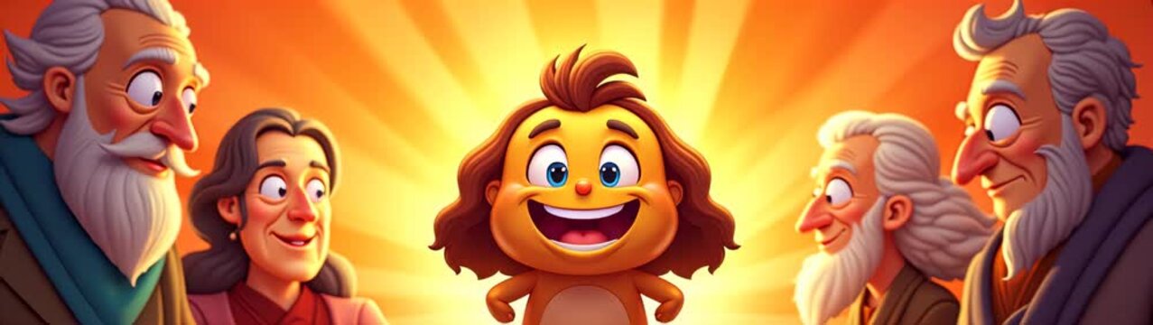 Joyful cartoon genealogy mascot with shiny eyes and wide grin surrounded by ancestor portraits