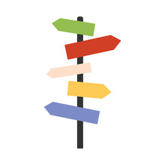 Multiple colored arrows on a signpost symbolize decision making and destination choice isolated vector illustration