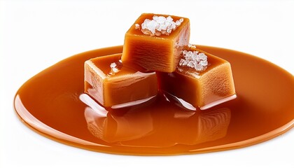 Delicious Sweet Caramel Pieces In Liquid Caramel Sauce Isolated On A White Background Soft Caramel With Sea Salt