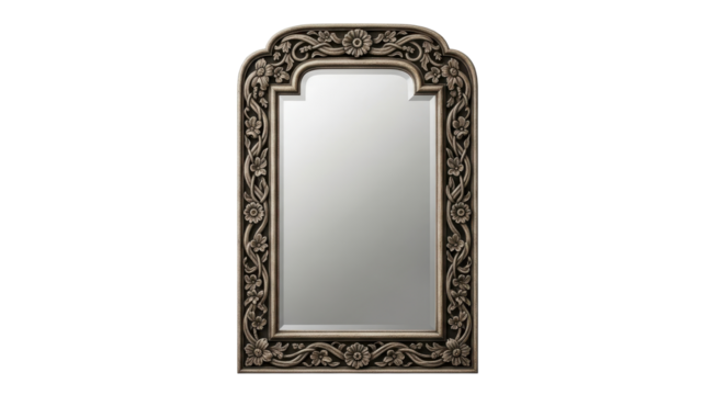 Ornate decorative silver mirror isolated PNG with Transparent Background