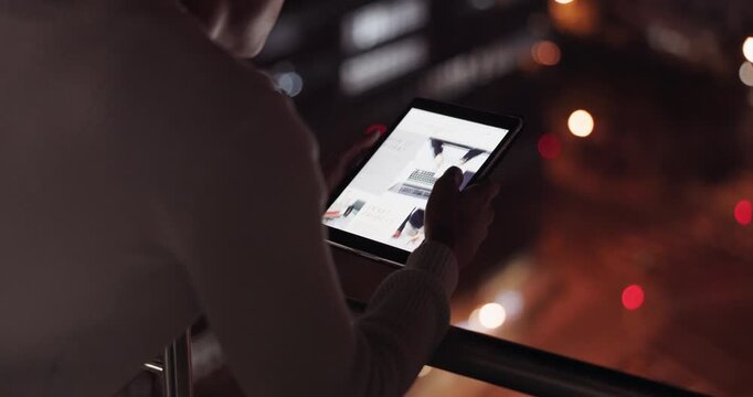 Hands, person and screen with tablet at night for research, marketing and proofreading article. Bokeh, man and digital app with trending news, campaign layout and information for publication deadline