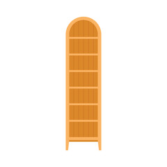 Tall rustic wooden bookshelf with arched top on white background, isolated vector illustration