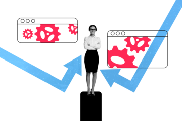 Creative collage picture young businesswoman leader arrow direction improvement cogwheel efficiency optimization interface