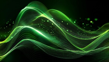 Vivid Green Digital Waves Composed Of Glowing Particles Twist And Flow Through A Dark Background In Abstract Motion