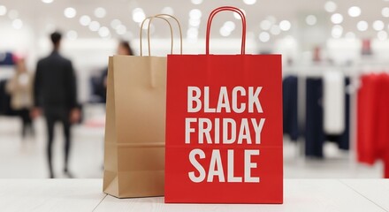 Black Friday sale promotion. Shopping bags in clothing store. Marketing material for discounts, retail, and consumerism events. Perfect for advertising design needs.