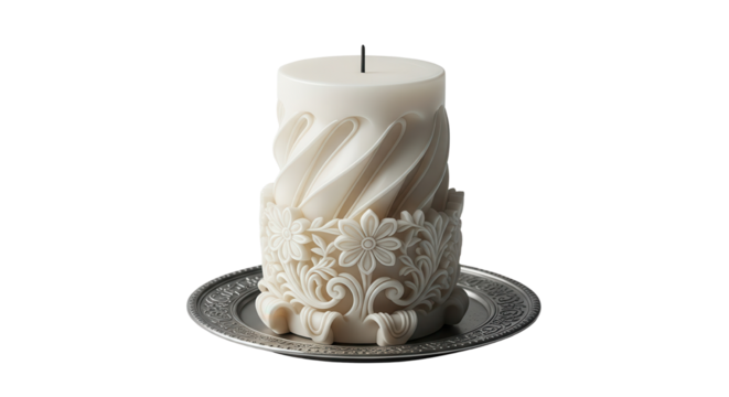 Ornate wax candle sitting on a metal plate isolated PNG with Transparent Background