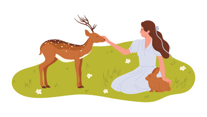 Naklejka premium Young woman sitting on grass petting deer and holding rabbit in a rustic isolated vector illustration