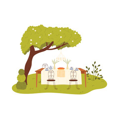 Fototapeta premium Charming rustic garden table with chairs, pie, and tea set under tree, isolated vector illustration