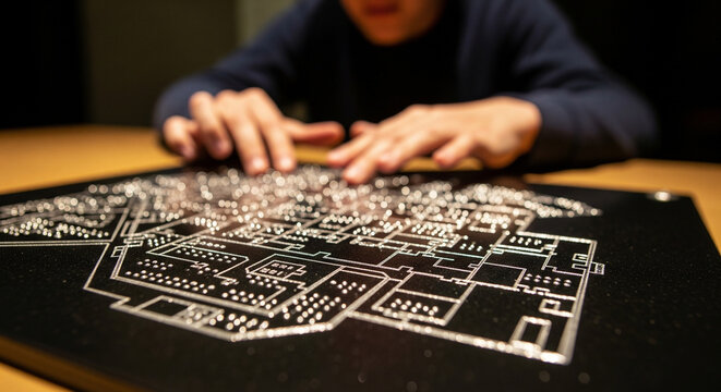 Bright light specks highlight tactile map as person with visual impairment explores building layout