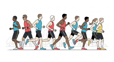 Diverse group of marathon runners in action, showcasing athleticism, endurance, and teamwork, a celebration of fitness and health