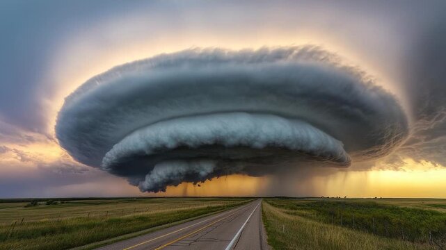 A massive supercell storm cloud looms over a desolate road at sunset