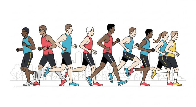 Diverse group of marathon runners in action, showcasing athleticism, endurance, and teamwork, a celebration of fitness and health