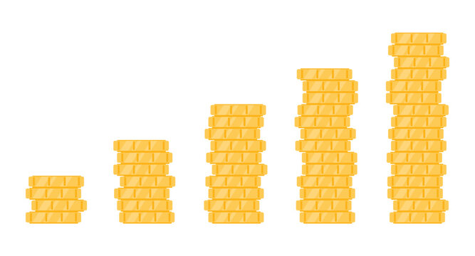 Stacked gold coins show increasing savings and income by age on isolated white background vector illustration