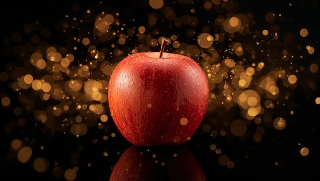 Sitting red apple glistening with water droplets on glossy black surface, with golden bokeh orbs