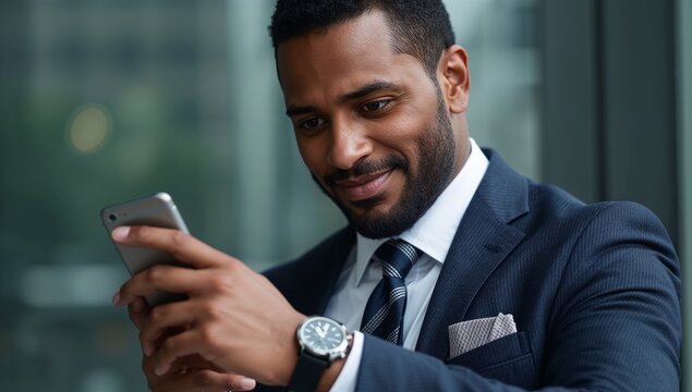 Executive in pinstripe suit and striped tie checking smartphone at office window, with wristwatch - Powered by Adobe
