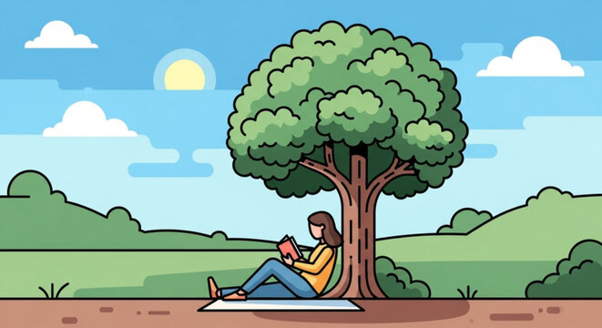 A woman is sitting under a tree reading a book on a sunny day, enjoying the nature and the peaceful atmosphere in the countryside, vector illustration