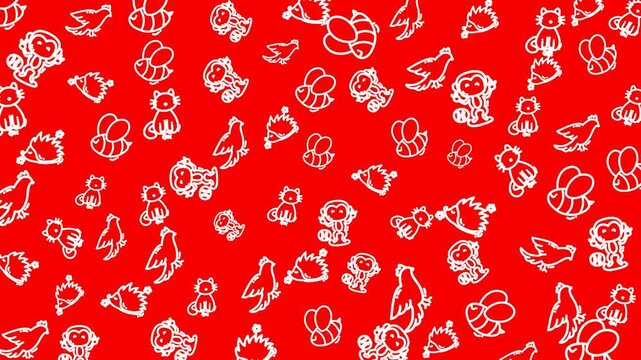 Monkey doodle art on a red background featuring various animals monkeys, cats, bees, birds, and hedgehogs. Perfect for childrens products.