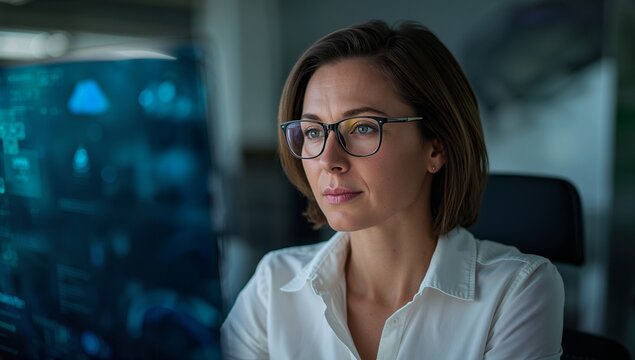Data analyst in white shirt reviewing charts on computer monitor at office with glasses, copy space