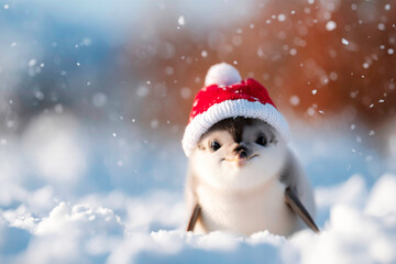 Adorable Common Dolphin wearing festive Santa hat in snowy yard