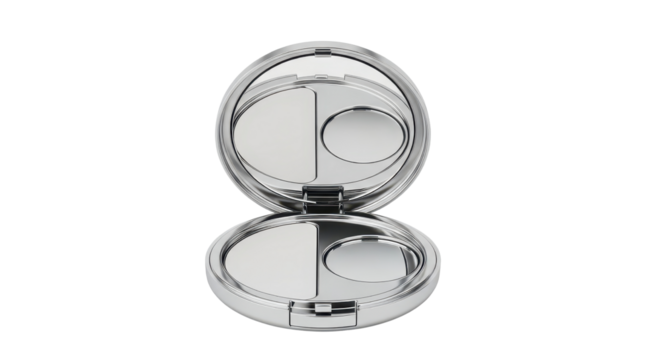 Silver mirrored compact powder case for makeup and beauty isolated PNG with Transparent Background