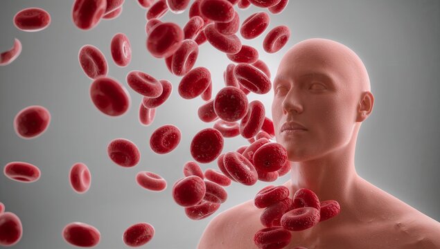 Floating sculpted bust facing right in digital space, with drifting red blood cells, copy space