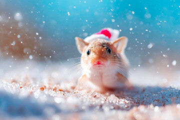 Adorable Corydoras wearing festive Santa hat sitting in snowy yard
