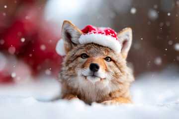 Adorable Coyote wearing festive Santa hat sitting in snowy yard