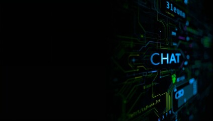 Displaying blue CHAT text overlaying interface, with neon circuit traces, code snippets, copy space