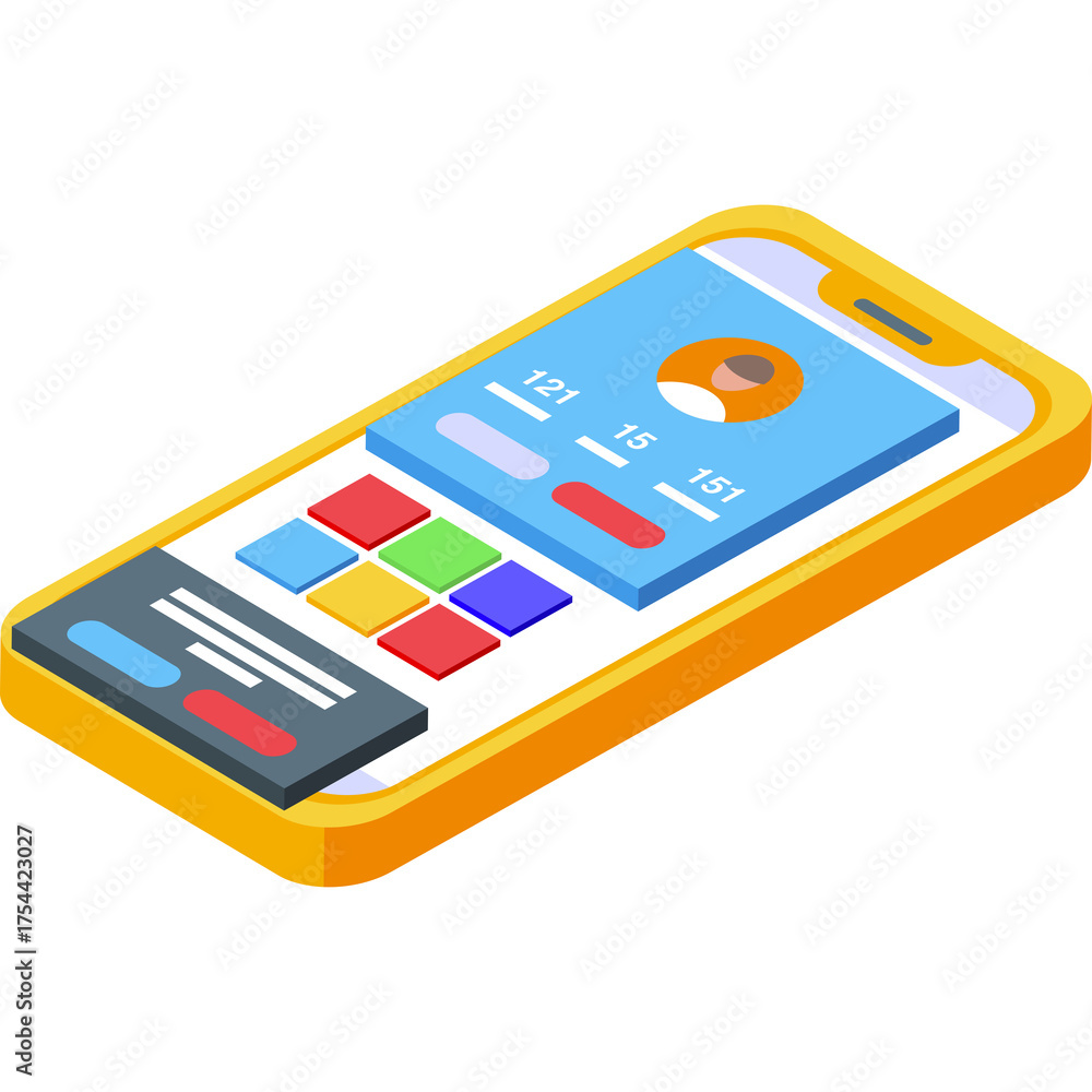 Wall mural isometric smartphone displaying application interface with colorful icons and user profile screen in