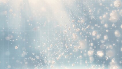 Glowing white foam cluster floating in pale blue gradient, with bubbles and faint grid overlay