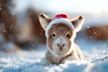 Adorable Donkey wearing festive Santa hat sitting in snowy yard