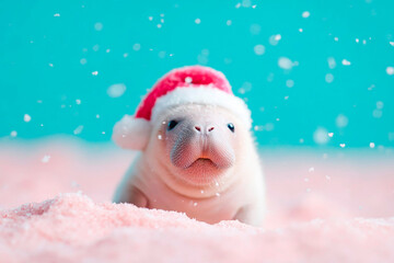 Adorable Dugong wearing festive Santa hat sitting in snowy yard