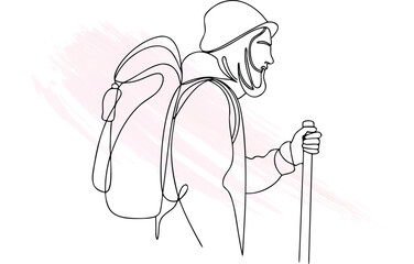 Continuous line drawing  person hiking with backpack pole 
