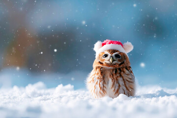 Adorable Eagle Owl wearing festive Santa hat sitting in snowy yard