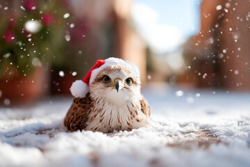 Adorable Eagle wearing festive Santa hat sitting in snowy yard