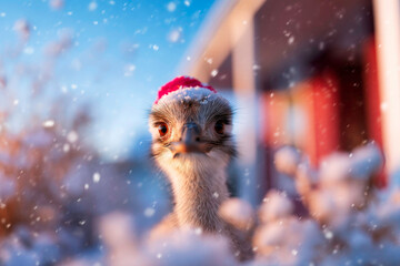 Adorable Emu wearing festive Santa hat sitting in snowy front yard