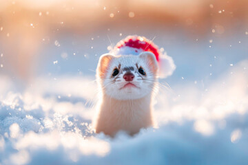 Adorable Ermine wearing festive Santa hat sitting in snowy yard