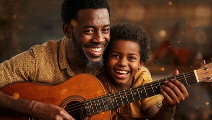 Strumming father and son sharing acoustic guitar in warmly lit living room, cozy atmosphere