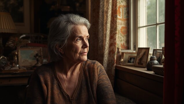 Gazing senior woman wearing brown sweater by window in study, with framed photos and ceramic vase