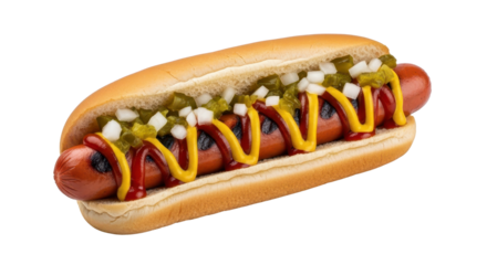 Delicious hot dog with mustard, ketchup and relish isolated PNG with Transparent Background