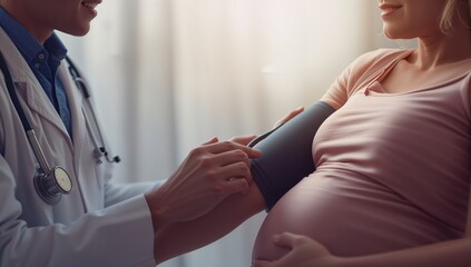 Doctor fitting blood pressure cuff on pregnant patient in pink top in clinic, with stethoscope